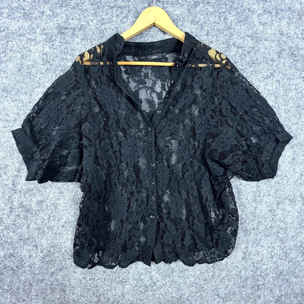 Millau Blouse Top Womens Large Black Lace Sheer Goth Witchy Floral Button Front